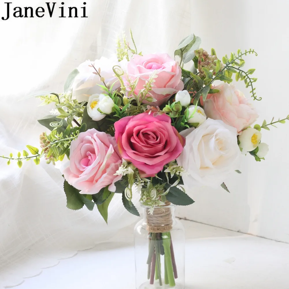 JaneVini Romantic Pink Flower Bride Hand Bouquet Artificial Rose Wedding Bouquet Rustic Bridal Throw Silk Flowers Bukiet Slubny