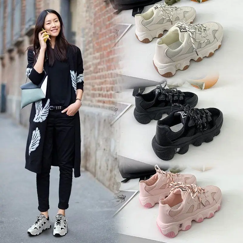 

Plus Size 36-42 Women Platform Street Casual Lace-Up Sneakers 2020 New Breathable Women's Chunky Sneakers Lady Trainers Footwear