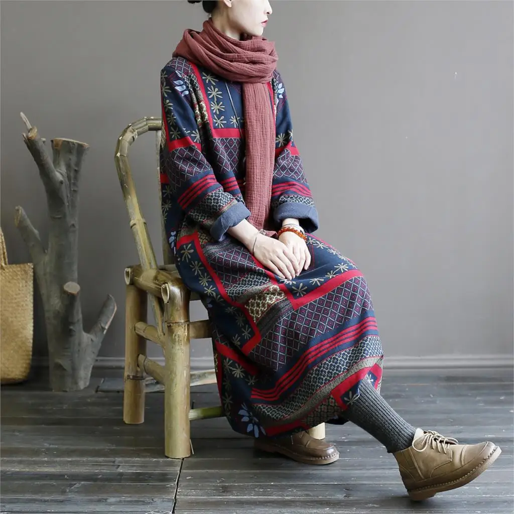 Женское свободное флисовое платье плотное винтажное из хлопка и льна в