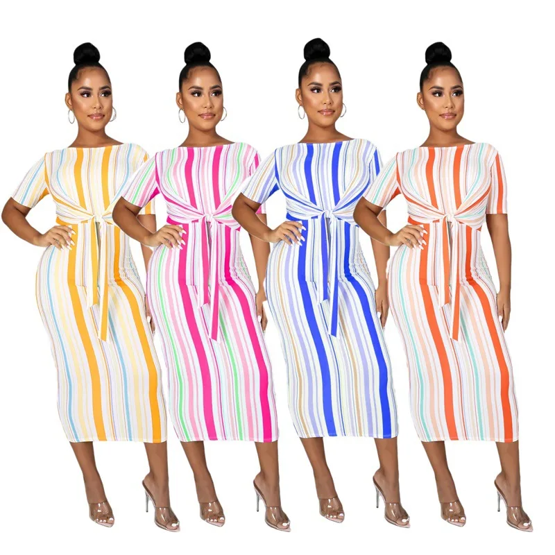 

2020 New Arrivals Women's Dress Summer Casual Fashion Straped Lace Up Short Sleeve Striped Elegant Dress For Ladies Party Wear