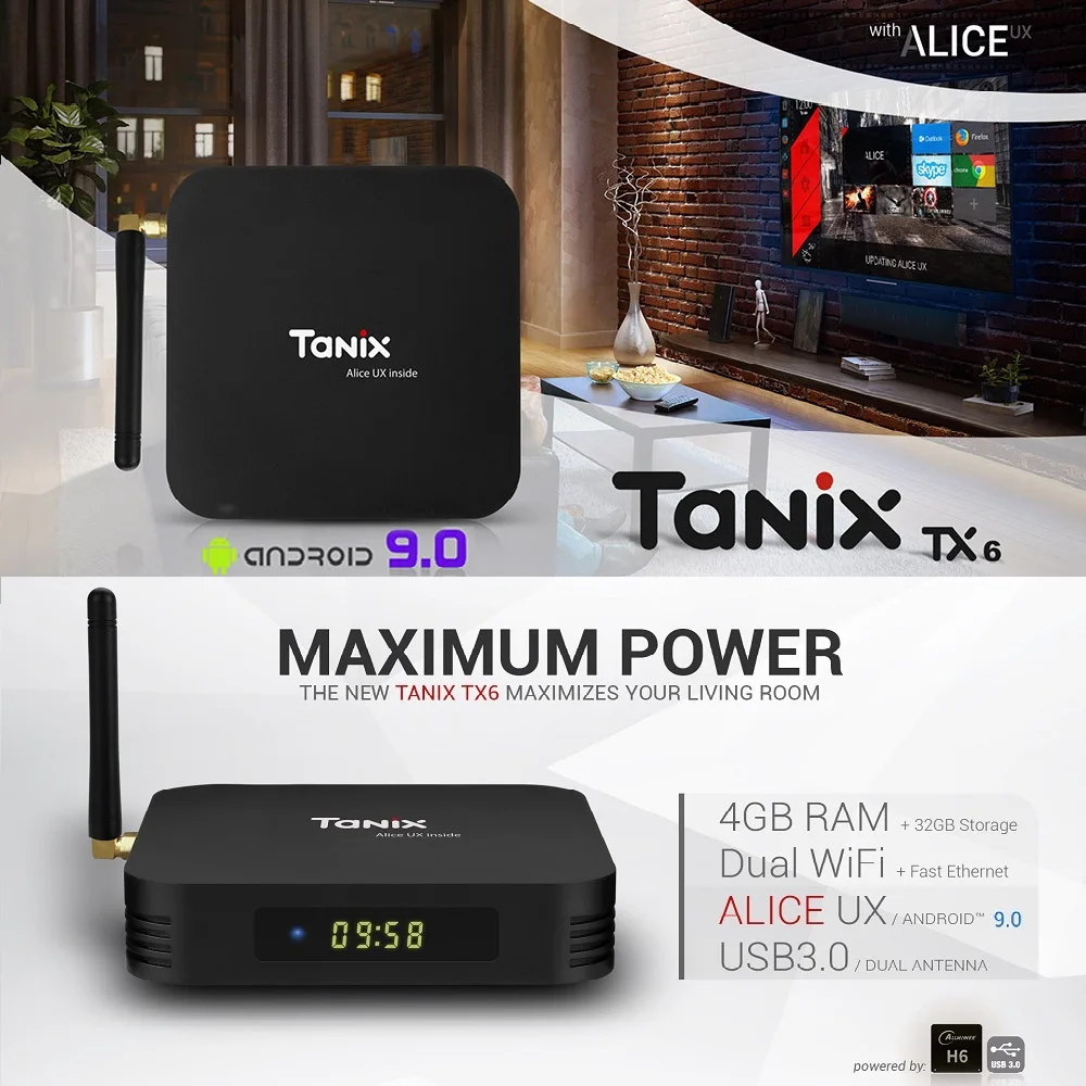Tanix TX6 Android 9.0 TV Box Allwinner H6 Quad Core 4G RAM 32G/64G ROM Speed 4K 2.4G/5GHz Dual WiFi