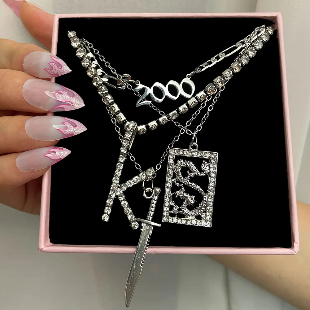 JUST FEEL Punk Dragon Knife 2000 Pendant Necklace For Women Retro Multi Layer Crystal Chain Choker Statement Jewelry | Украшения и