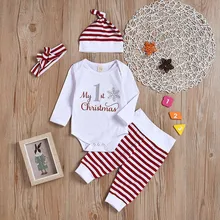 Рождественская одежда для малышей, 4 предмета, зимние комплекты, комбинезон с буквенным принтом, полосатые штаны на год, вечерние комплекты одежды для маленьких мальчиков и девочек, 19Sp