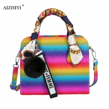 

Fashion Gradient Color Crossbody Handbag Women PU Leather Pompom Totes Female Shoulder Purse Travel Messenger Top-handle Bag