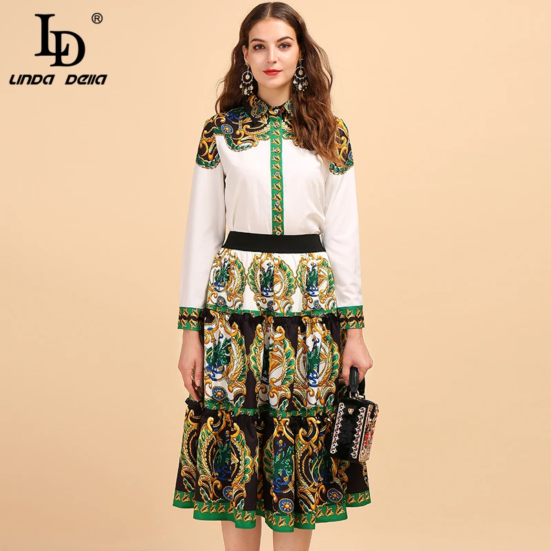 Ld Linda Della Fashion Runway Herfst Sets Vrouwen Lange Mouw Wit Shirt + Vintage Print Midi Rok Vrouwelijke Stijlvolle 2 Stuks Set Ld Linda Della Fashion Runway Herfst Sets Vrouwen Lange Mouw Wit Shirt + Vintage Print Midi Rok Vrouwelijke Stijlvolle 2 Stuks Set