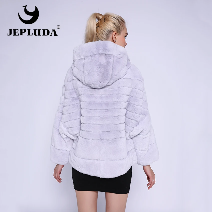 JEPLUDA Свободная Стильная Шуба Натуральный Мех Кролик Рекс Для Женщин Короткий Легкий Мягкий Теплая Куртка Зимняя Женская с Капюшоном Зимнее Пальто Женское Утеплённый Шуба Из Натурального Меха Рекс Кролика Настоящее