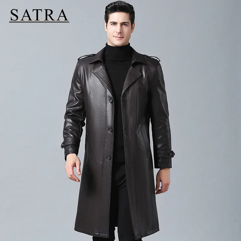 

SATRA 2021 New Arrival High Quality Business Casual Thick Leather Jacket Mens Autumn Winter Long Men's Jacket Fashion Windproof