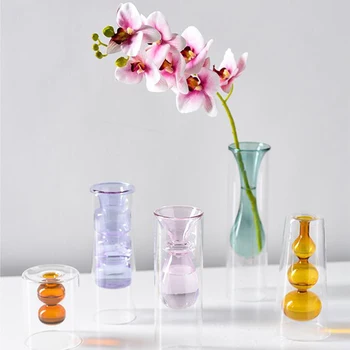 

Creative Glass Vases Modern Minimalist Color Double Layer Transparent Vase Restaurant Table Flower plant Vase Home Decoration
