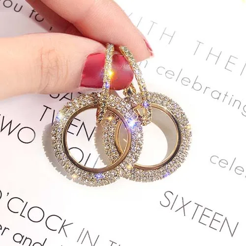 925 needle gold Настоящее 925 пробы, серебряные иглы, большие серьги-кольца для женщин, круглые стразы, золотые женские серьги с кисточками, ювелирное изделие - Окраска металла: 925 needle gold