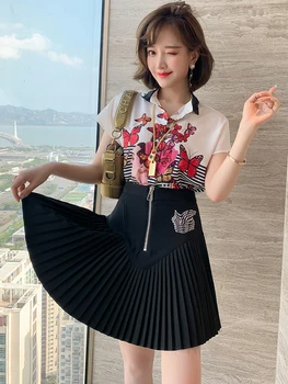 

Trendy Contrasting Color Lapel Printed Shirt + Zipper Stitching Pleated A- line Overskirt Suit, Female Fashion Summer New Style