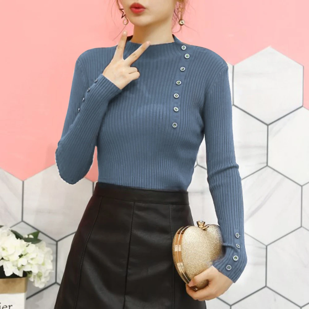 Women Half Turtleneck Sweater Button Solid Color Ladies Basic Pullovers Femme Knitted Jumper One Size Autumn Tops | Женская одежда