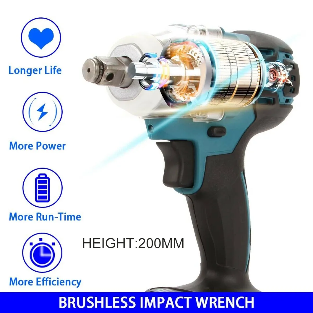 18V Electric Brushless Impact Wrench Wtih 6 Sockets Set Rechargeable 1/
