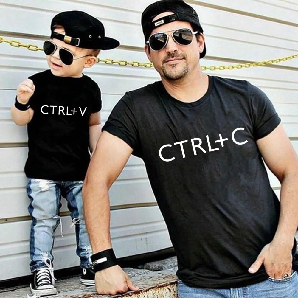Черный Семейные комплекты с принтом Ctrl+ C, Ctrl+ V Одинаковая одежда с короткими рукавами для мамы и дочки, папы и сына - Цвет: Черный
