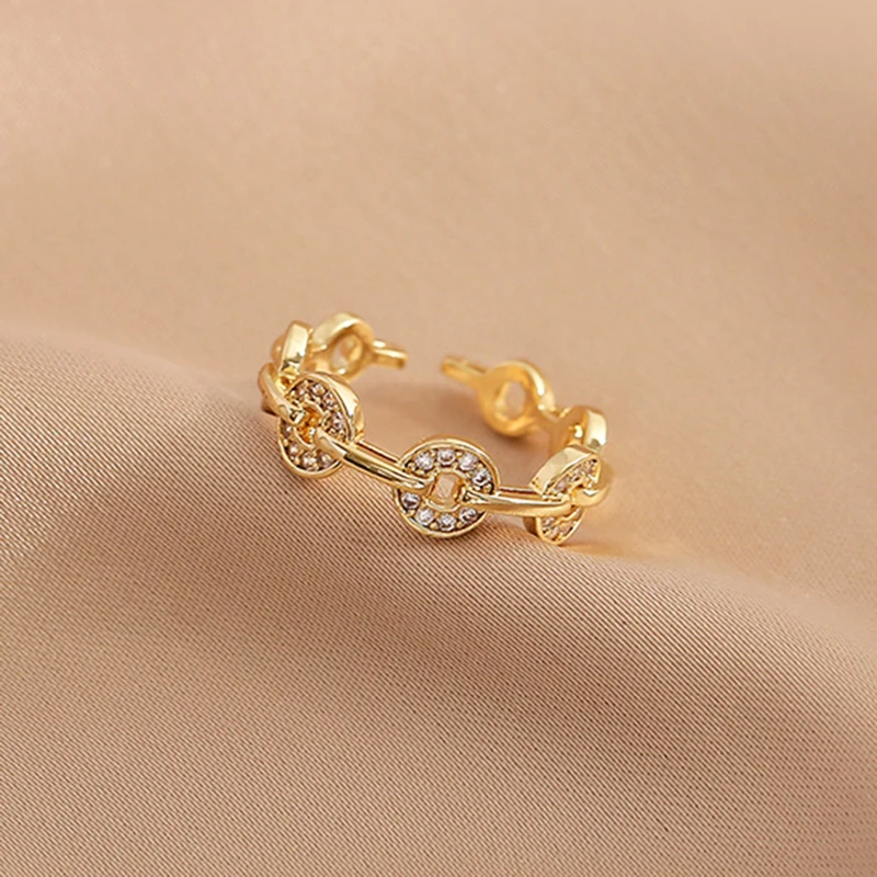 Trendy Fine 14k Real Gold Coin Shape Opening Rings for Women Adjustable Design High Jewelry Bling AAA Zirconia Party Hot Gift | Украшения и