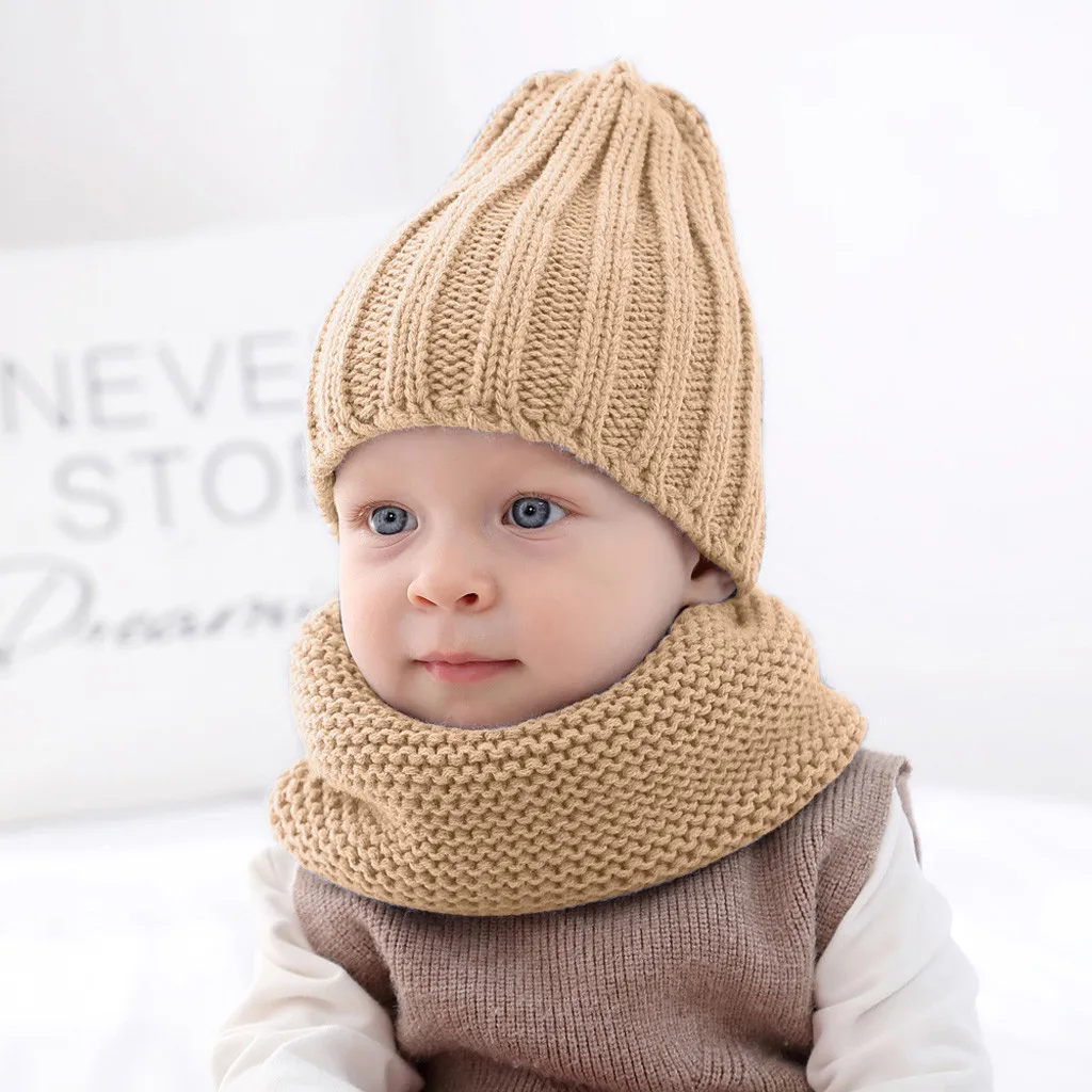 2PCs Children Cap Scarf Set Winter Solid Twist Knit Cap Thick Warm Windproof Scarf Hat czapka i komin tricotin снуд девочка#H