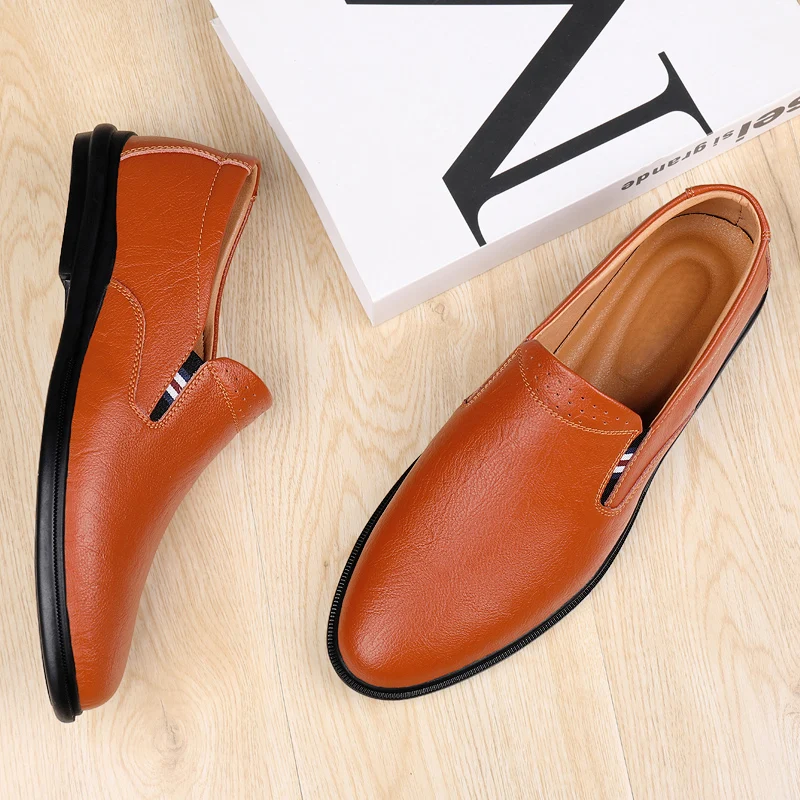 Luxury Leather Men's Casual Shoes Fashion Elastic Fabric Slip on Shoes for Men Hand Sewing Breathable Dress Shoes Size 38-44