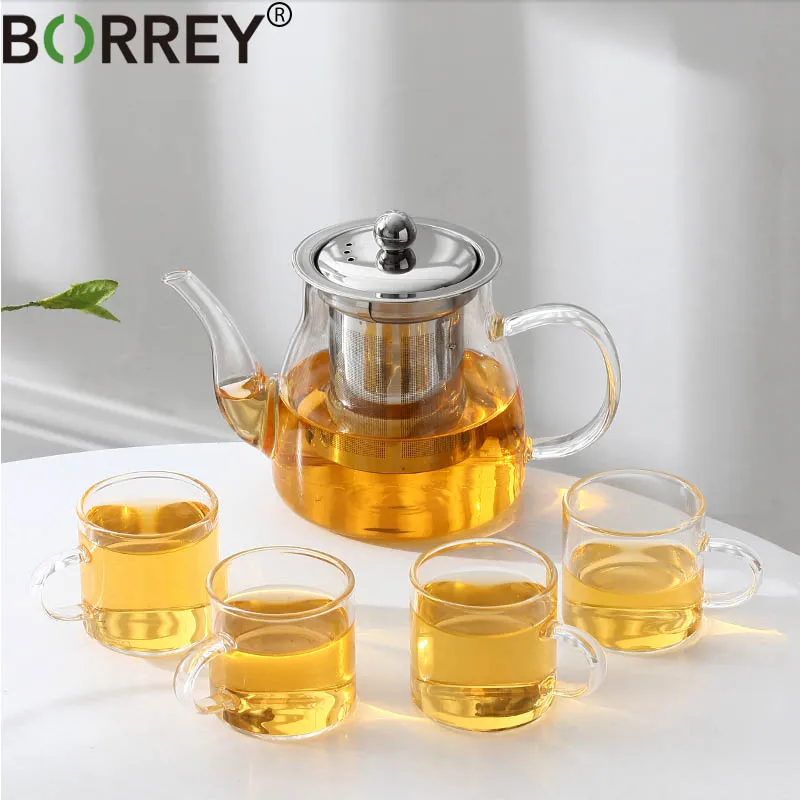 Glass Tea Set Flower Tea Pot Coffee Kettle With Infuser Resistant Office Home 