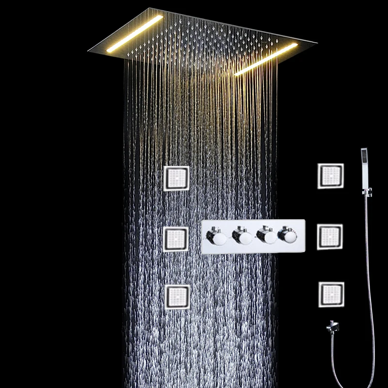 

Ceiling Mount LED Shower Set 3 Ways Thermostatic Mixer Bathroom Rainfall Shower Head Faucets With Body Jet Massage