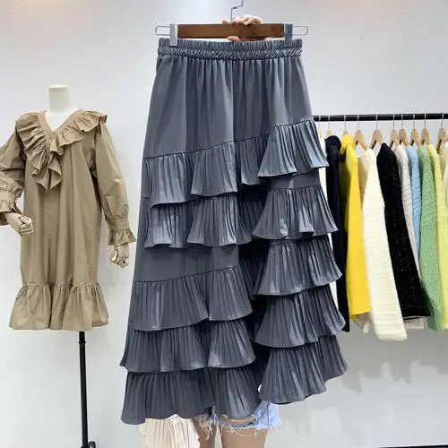 Autumn Korea Fashion Women High Waist Asymmetrical Ruffles Long Skirt All-matched Casual Sweet Pleated Skirts S321 - Цвет: gray