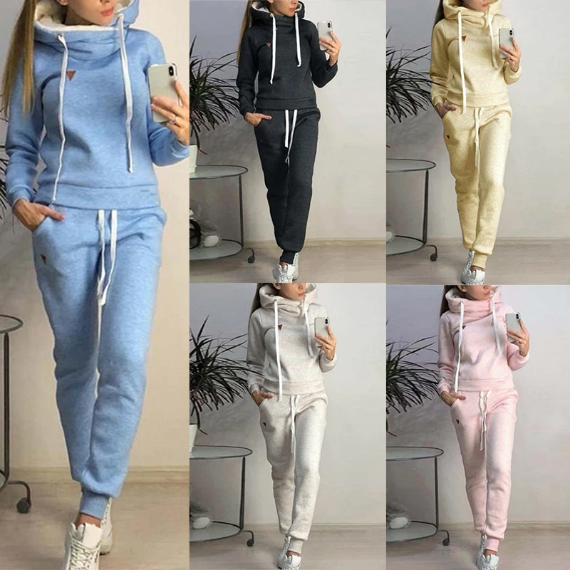 

Women 2 Pcs Running Set 2019 Solid Color Hooded Tracksuit Workout Clothes Casual Loose Sweatshirts Joggers Suits Sportswear