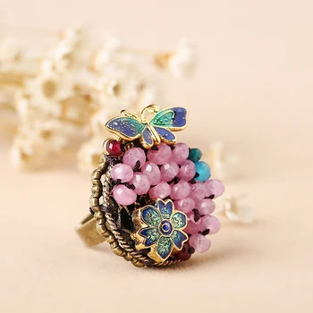 

TJP Chalcedony Ring Vintage Ethnic Style Ring Opening Color Cloisonne Jewelry Accessories Index Finger Decorations Female