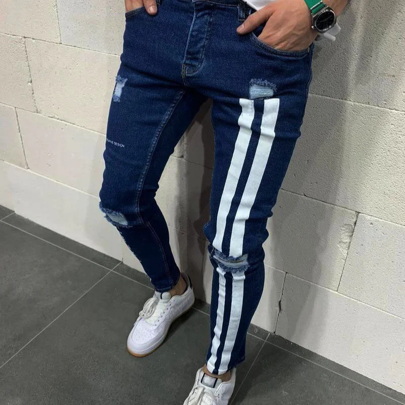 Fashion Streetwear Men Vintage Thin Destroyed Ripped Jeans Punk Pants