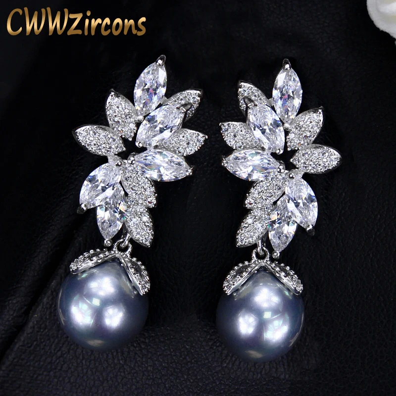 CWWZircons Shiny Cubic Zirconia Setting Leaf Shape 925 Silver Dangling Gray Pearl Drop Earrings Jewelry for Women Gift CZ332