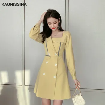 

KAUNISSINA Korea Dress Cocktail Vestidos Yellow Short Party Gown A-line Long Sleeve Button Homecoming Dresses