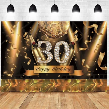 

30th Photo Backdrop Adult Happy Party Balloon Gold Champagne Customized Photography Background Studio Prop Decoration Banner