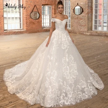 

Adoly Mey Gorgeous Appliques Court Train A-Line Wedding Dresses 2020 Charming Boat Neck Lace Up Princess Bridal Dress Plus Size