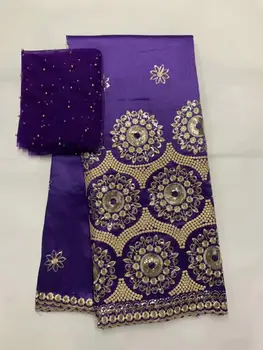 

Embroidered George Lace Fabric With BLouse For India Wedding Dresses purple New Fashion Gold Line Guipure George FB8731