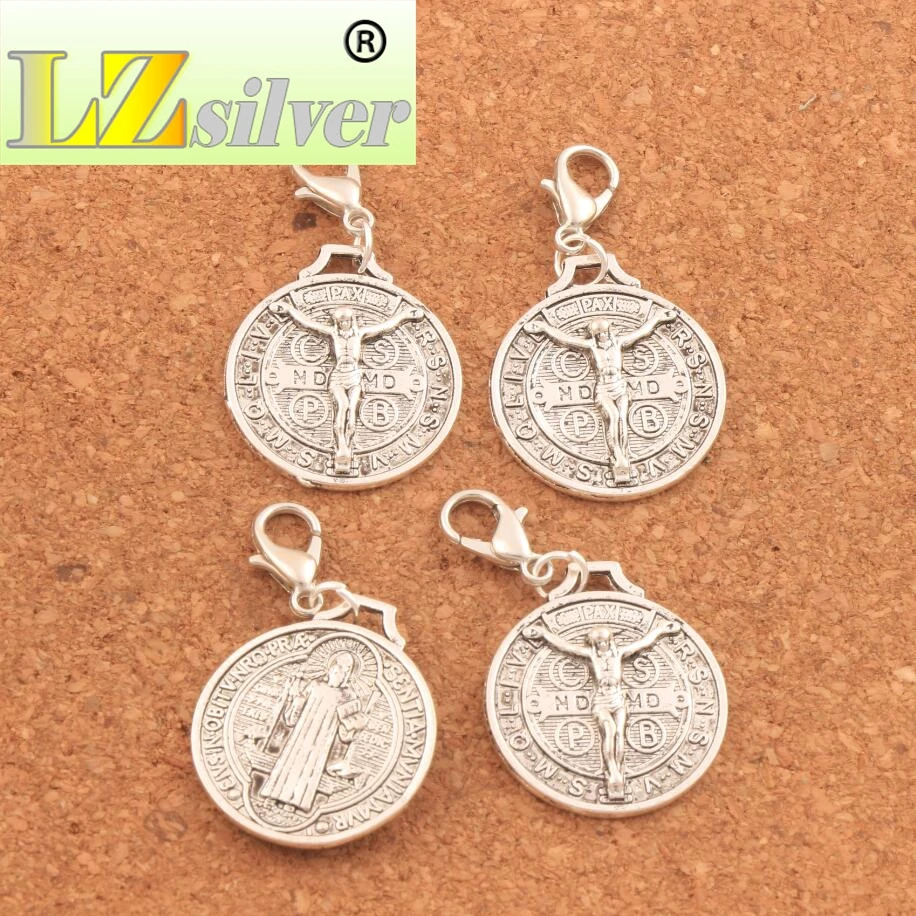 60PCS Zinc Alloy  Saint Jesus Benedict Nursia Patron Medal Crucifix Cross Clasp European Lobster Trigger Clip On C1658