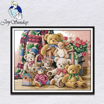 

Joy Sunday Bear doll family cross stitch kit printed chinese counted embroidery needlework set decoration Children's room lovely