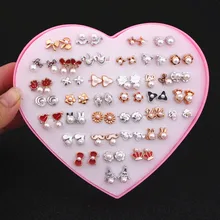 EK2083 36 пар/компл. Новые простые с бантом и принтом в виде сердца Лаки Имитация жемчужные серьги-гвоздики в виде капель с кристаллами в форме Для женщин и девочек с принтом в виде сердец и коробка для ювелирных изделий