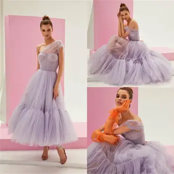 

Light Purple Cocktail Dresses One Shoulder Tulle Ankle Length Cheap Prom Dress Custom Made Homecoming Gowns