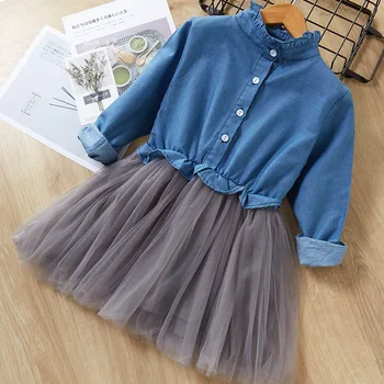 

MUABABY Little Girls Casual Denim Suit Long Sleeve Girl Elegant Dresses Children Princess Tulle Pageant Party Outfit Clothes