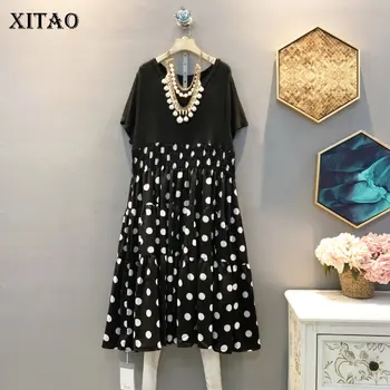 

XITAO Korean Style Patchwork Black Loose Plus Size Temperament Pullover Women Drawstring Design Summer Fashion Dress DMY4483