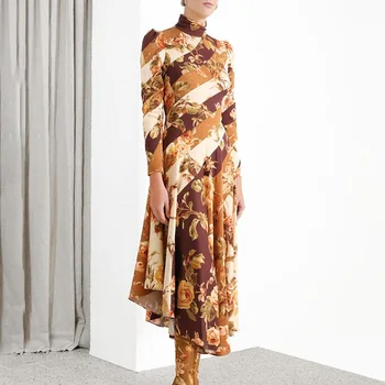 

Luxury Print Women Dress Fashion Long Sleeve Pleated Dresses A1210