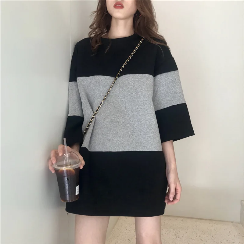 

2019 Retro Hong Kong Flavor Autumn New Style Simple Loose-Fit Short Skirt Casual Laziness-Style Mixed Colors Pullover Dress Wome