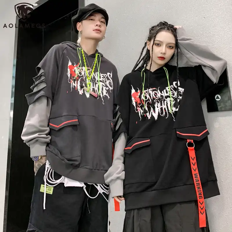 Aolamegsパーカー男性パンクプリントブロークンホール偽2個リボンハイストリートプルオーバースウェットシャツ男性ヒップホップストリートパーカー パーカー スウェット Aliexpress