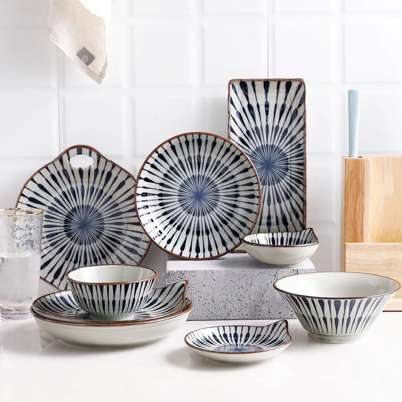 

Japanese Traditional Style Ceramic Dinner Plates Porcelain Dishes Saucer Sushi plate Rice Noodle Bowl Dinnerware Tableware Set