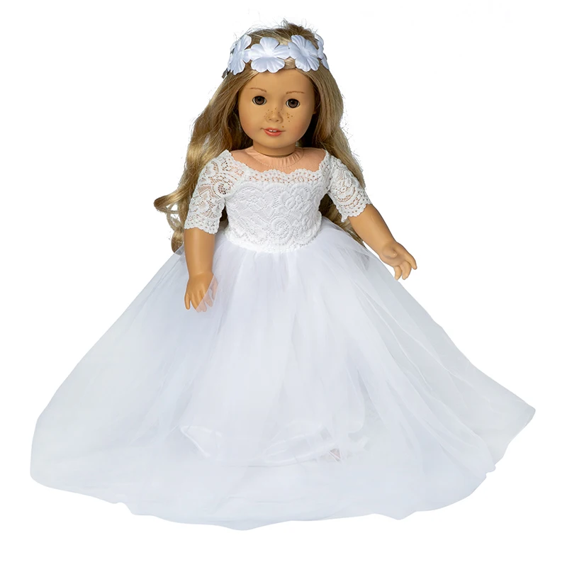Новинка, Детские аксессуары для кукол, подходит для 18 дюймов, 43 см, белое свадебное платье, платье принцессы, повязка на голову, костюм для ребенка, подарок на день рождения
