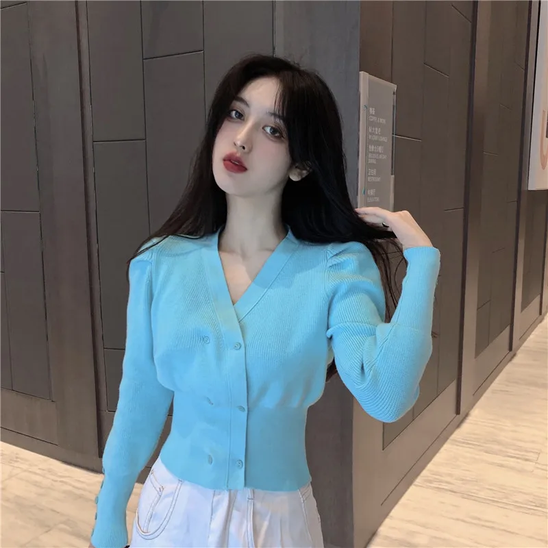 

2020 Fall Winter New Arrival Slim V-Neck Puff Sleeve Knitted Cropped Cardigan Double Breasted Women Long Sleeve Casual Top