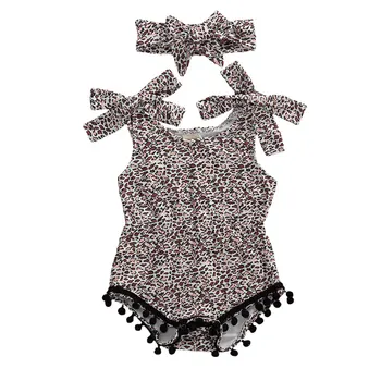 

Infants Girls Bodysuit Headband Suit Leopard Large Bow No-Sleeve Sling Tassel Hem Crotch Buttons with Hair Band