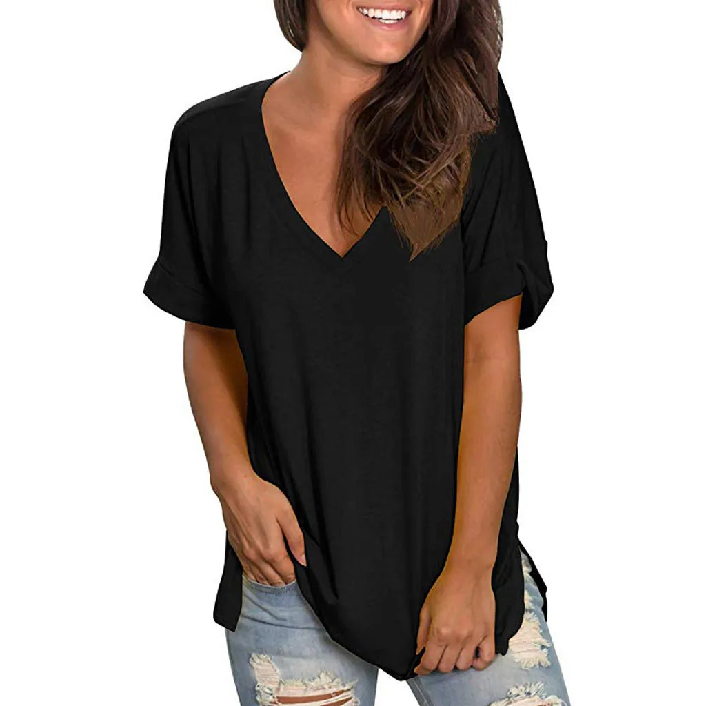 Suelto Casual con cuello en V de Mujer Camisetas negro de talla grande camiseta de verano de las mujeres de Harajuku Camiseta de manga corta túnica Mujer Camisetas