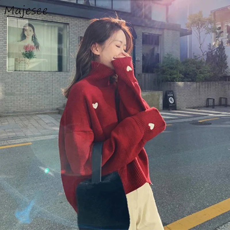 Женские пуловеры с принтом сердца, водолазка, зимние теплые вязаные свитера, женские милые корейские стильные Harajuku универсальные свободные простые