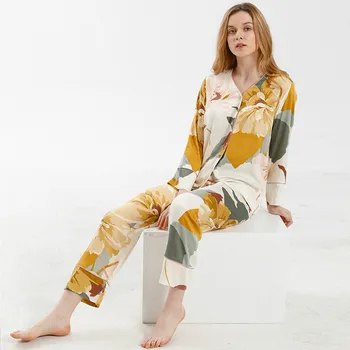 

Women Spring Prints Cotton Long Sleeve Thin 2 Pieces Set Pajamas High Quality Elegant Sleepwear Homewear