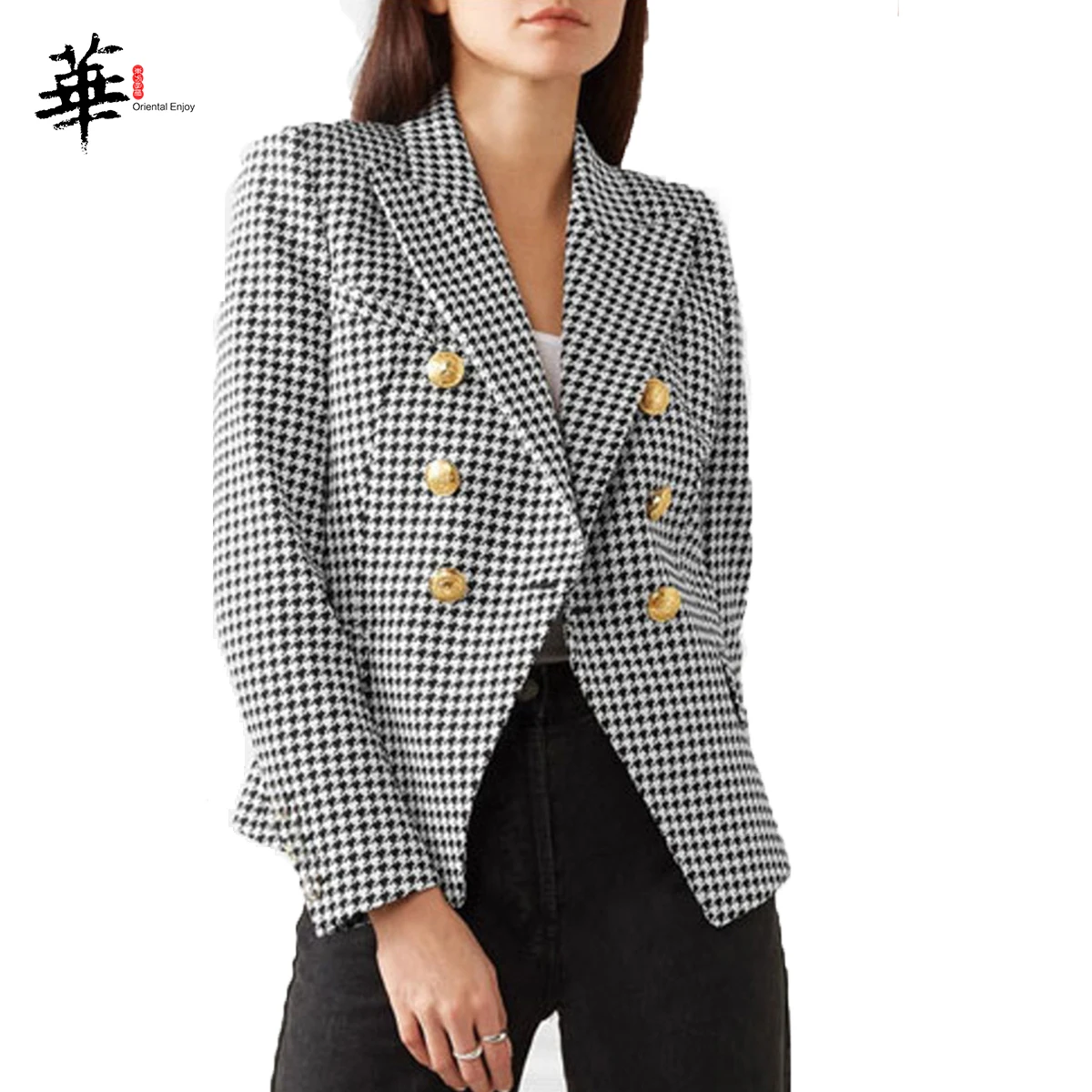Women Houndstooth Print Blazer Jacket Women's Long Sleeve Metal Buttons Blazers Coat Women Blazers and Jackets HIGH QUALITY