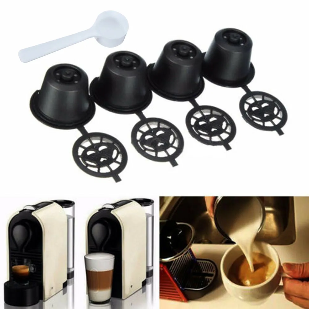 4X кофе капсулы с кофе Многоразовые Совместимость для Nespresso Q4X8 машина+ ложка
