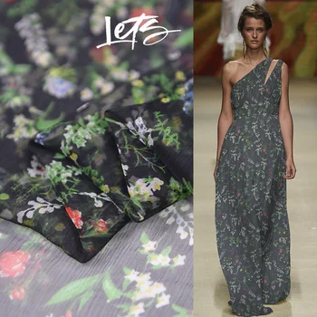 

Plant design floral print pure silk crinkle georgette gauze silk fabric for summer,SCG615